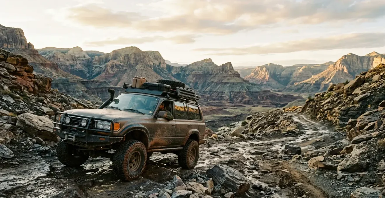 Véhicule tout-terrain lourdement modifié sur terrain accidenté illustrant les risques d'assurance