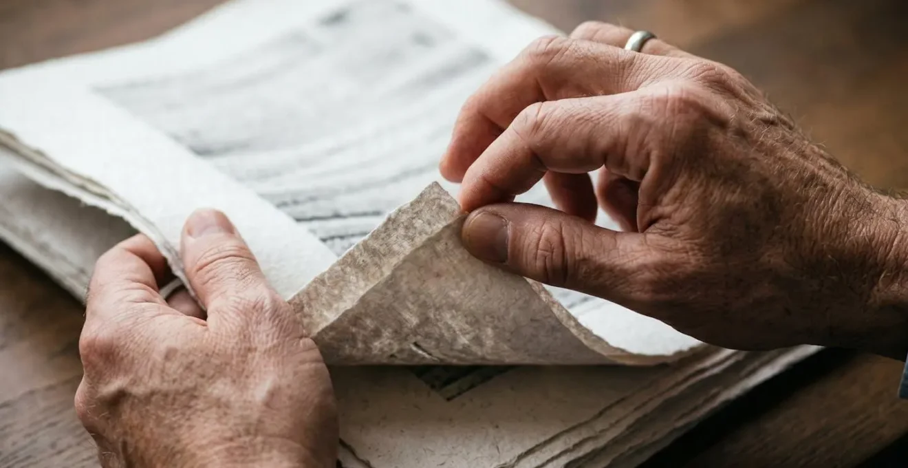 Gros plan sur des mains manipulant des documents contractuels avec détails texturaux précis