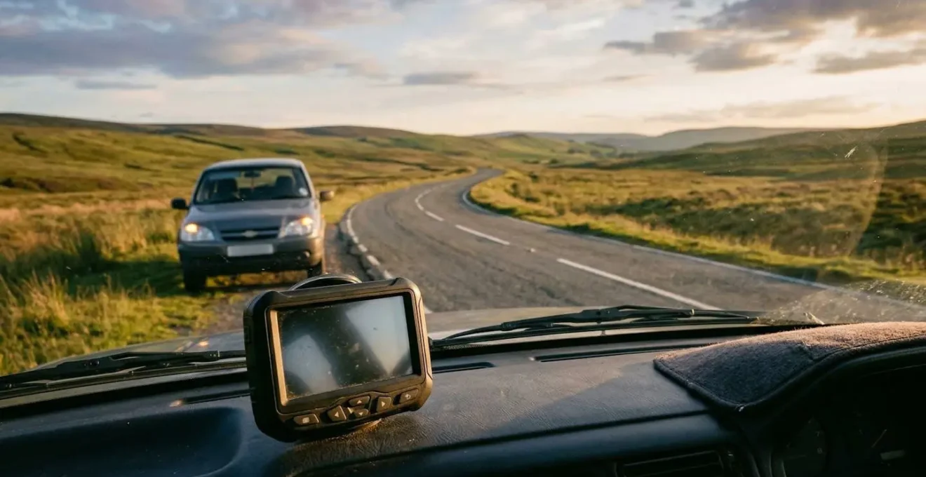 Paysage de route rurale isolée avec balise GPS et véhicule en assistance