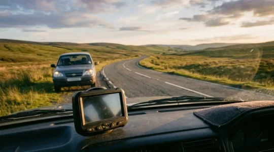 Paysage de route rurale isolée avec balise GPS et véhicule en assistance