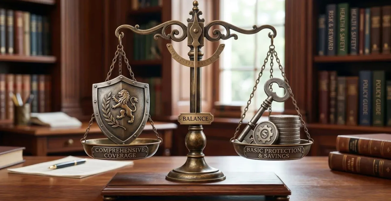 Balance symbolique équilibrant deux objets métalliques représentant des choix d'assurance