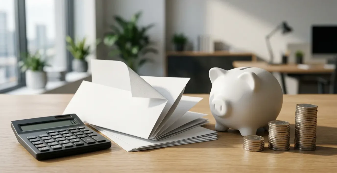 Vue d'un bureau épuré montrant une calculatrice moderne, des documents d'assurance et une tirelire, symbolisant l'optimisation financière des franchises d'assurance