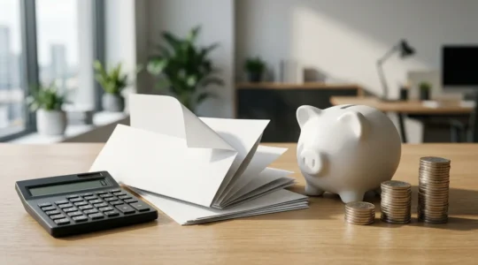 Vue d'un bureau épuré montrant une calculatrice moderne, des documents d'assurance et une tirelire, symbolisant l'optimisation financière des franchises d'assurance