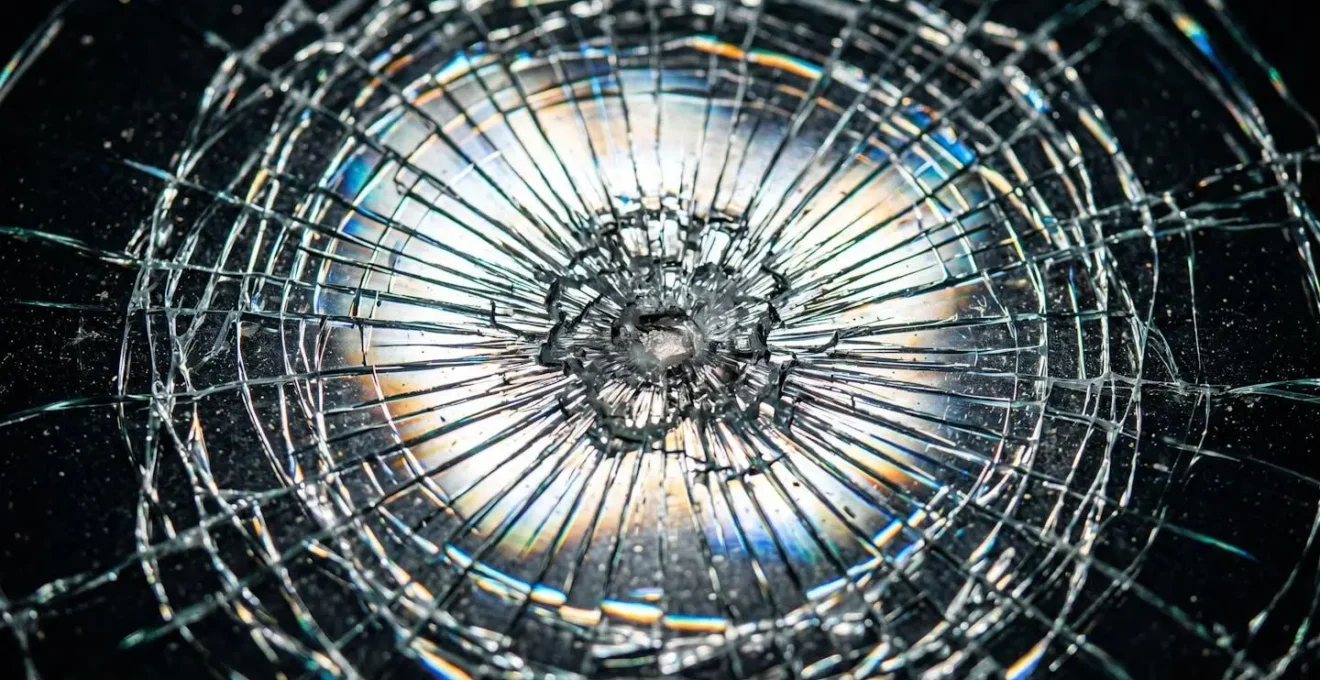 Illustration macro d'un impact sur pare-brise avec texture du verre fissuré