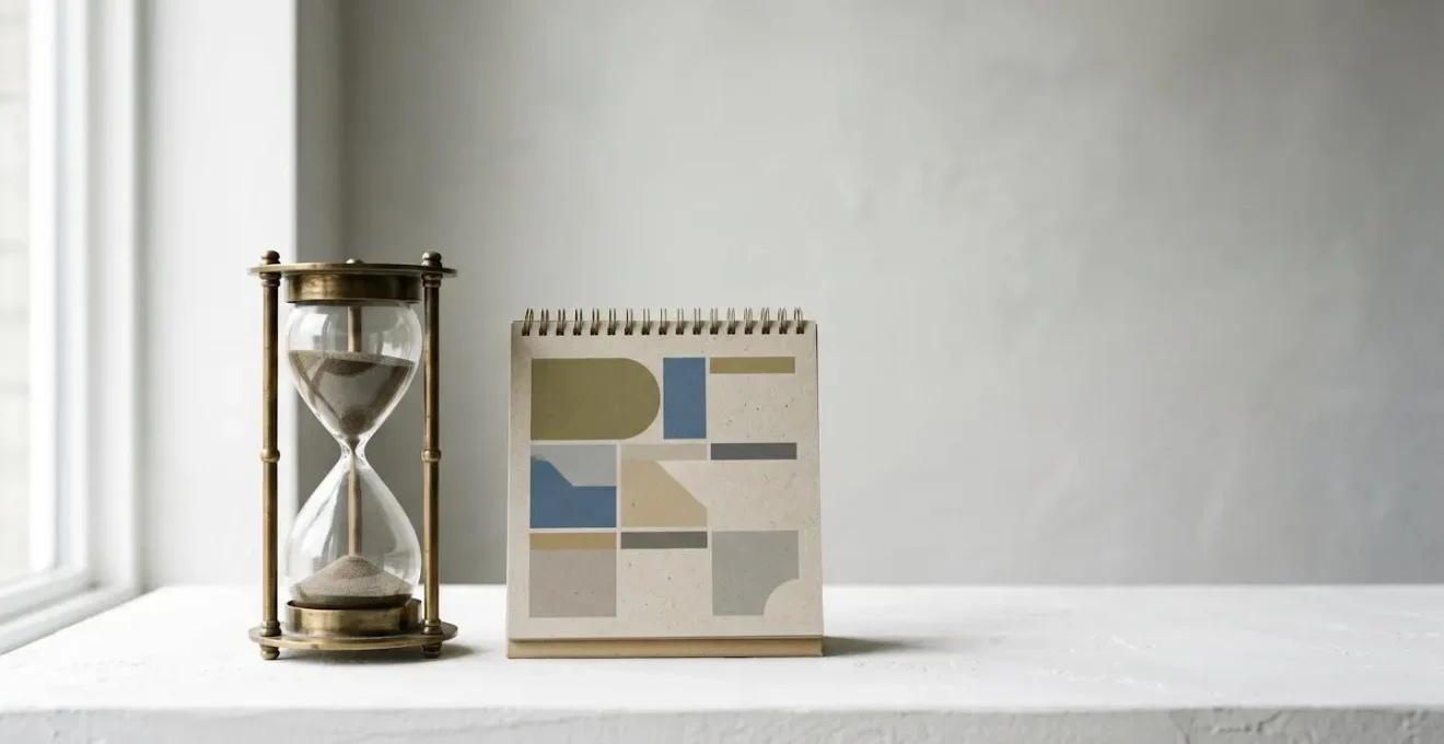 Sablier et calendrier minimaliste symbolisant le passage du temps et l'effacement progressif des antécédents
