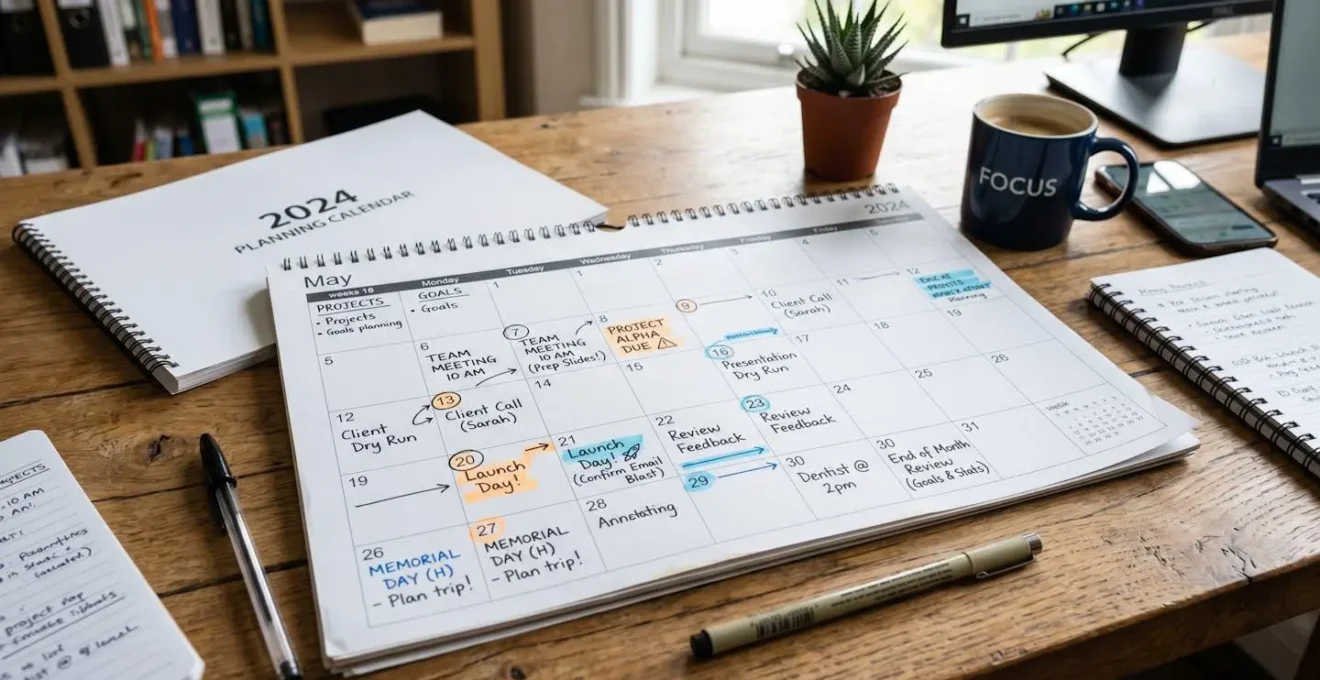 Calendrier ouvert sur un bureau avec des annotations montrant une planification