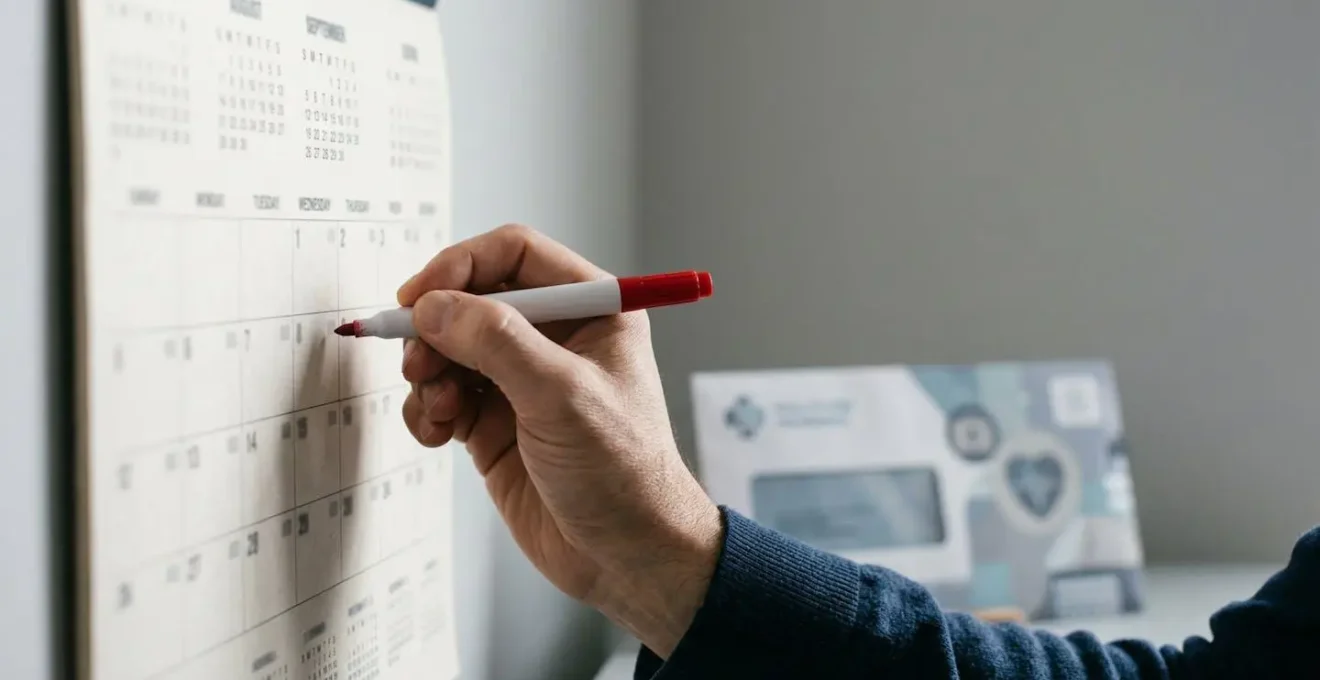Une main plaçant un marqueur rouge sur un calendrier mural avec une enveloppe officielle en arrière-plan, symbolisant l'importance du timing dans la résiliation de mutuelle santé