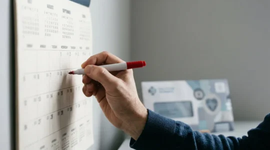 Une main plaçant un marqueur rouge sur un calendrier mural avec une enveloppe officielle en arrière-plan, symbolisant l'importance du timing dans la résiliation de mutuelle santé