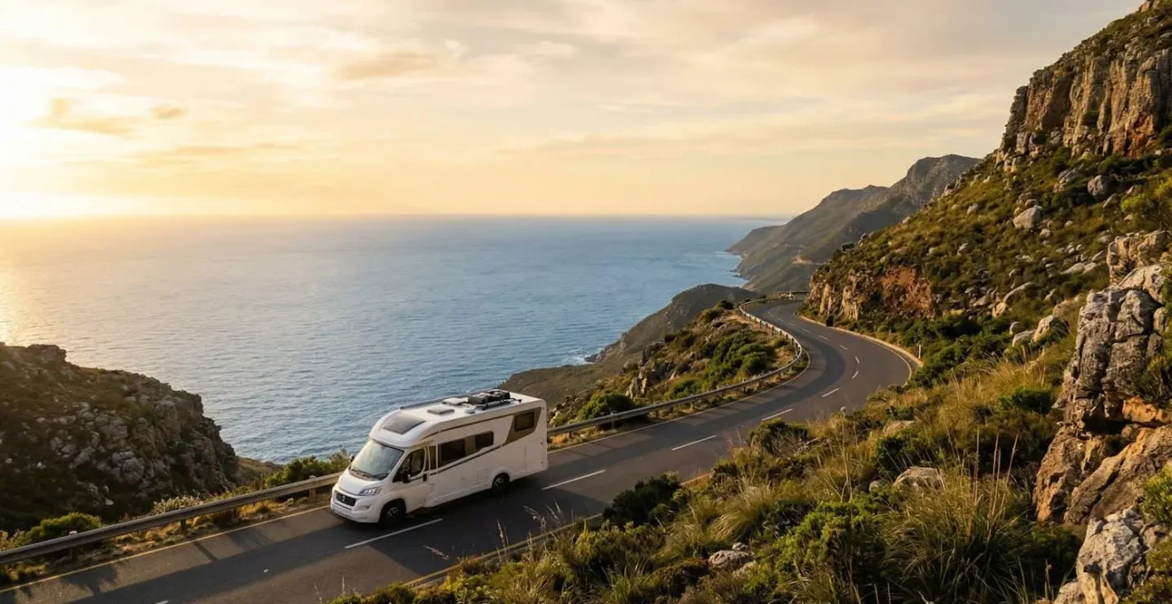Camping-car moderne en voyage sur une route côtière internationale au coucher du soleil