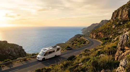 Camping-car moderne en voyage sur une route côtière internationale au coucher du soleil
