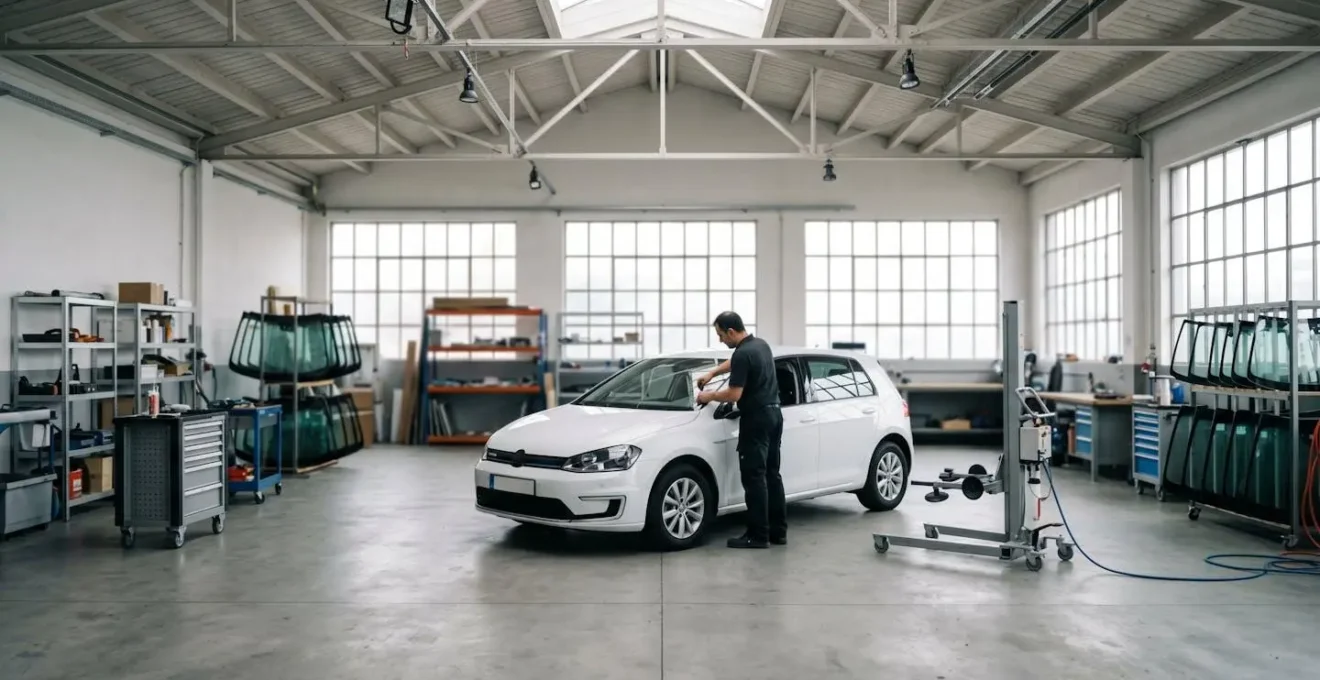 Vue grand angle d'un atelier de réparation automobile spécialisé en vitrage montrant un environnement professionnel équipé