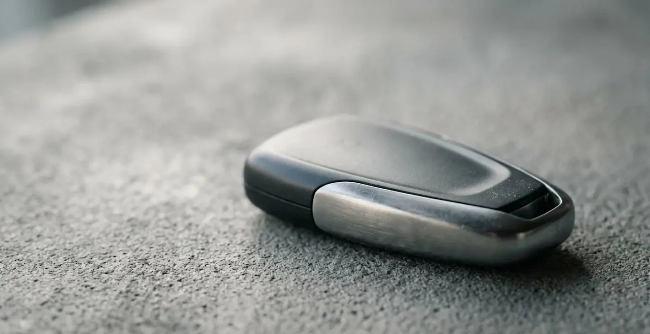 Gros plan sur une clé de voiture moderne high-tech posée sur surface minimaliste