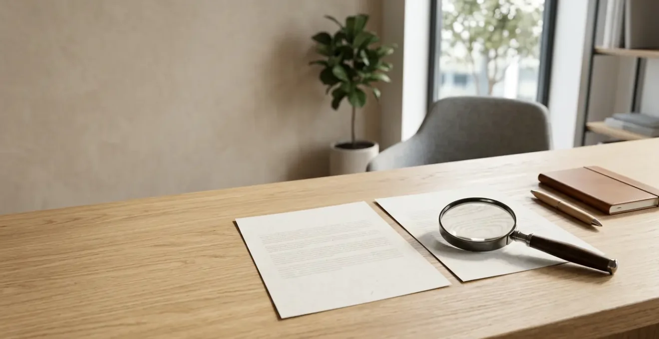 Analyse de documents de contrats d'assurance automobile avec loupe révélant les détails contractuels