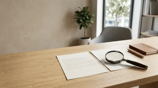 Analyse de documents de contrats d'assurance automobile avec loupe révélant les détails contractuels