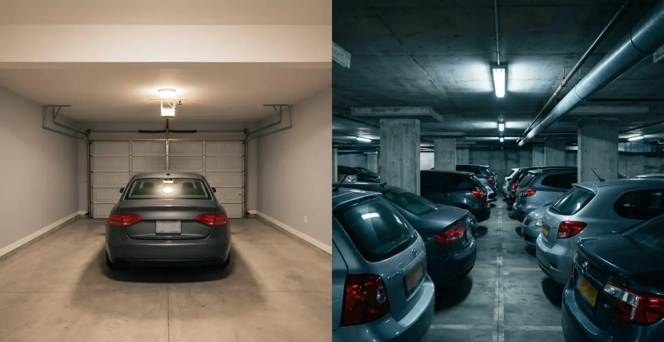 Comparaison visuelle entre un garage individuel fermé et un parking souterrain collectif