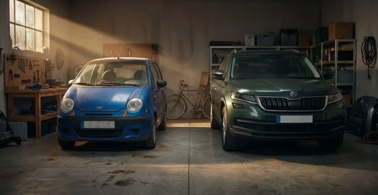 Deux voitures dans un garage familial illustrant le choix entre véhicule principal et secondaire