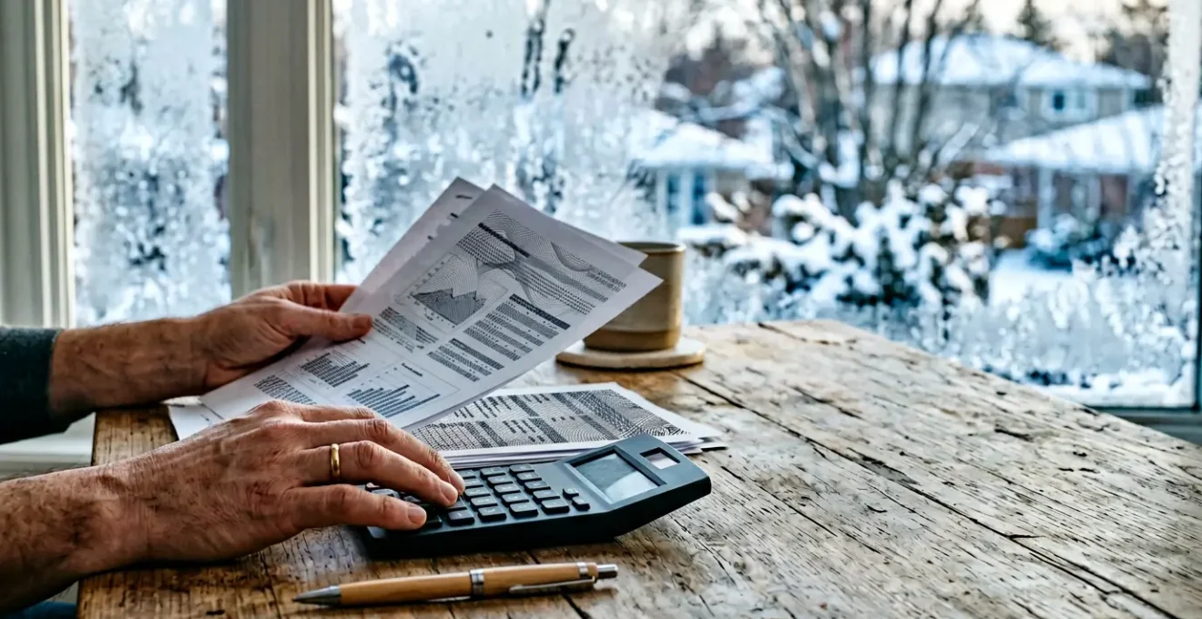 Mains tenant une calculatrice et des documents d'assurance automobile dans un environnement hivernal