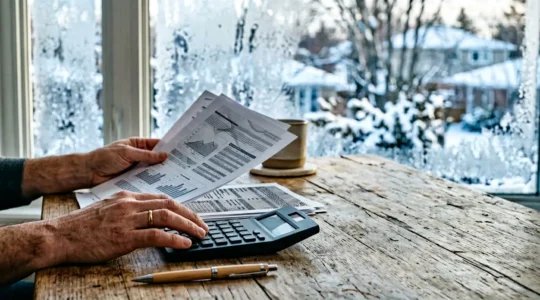 Mains tenant une calculatrice et des documents d'assurance automobile dans un environnement hivernal