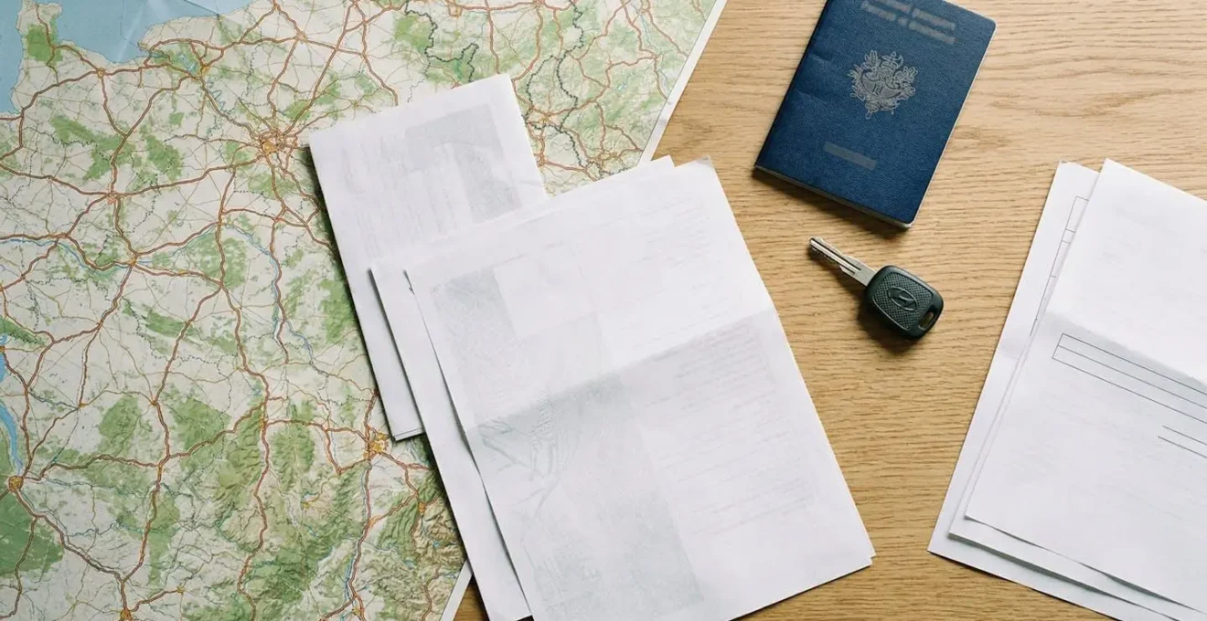 Vue en plongée d'un bureau avec passeport français, clés de voiture et documents d'assurance dispersés sur une carte routière européenne