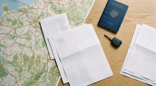 Vue en plongée d'un bureau avec passeport français, clés de voiture et documents d'assurance dispersés sur une carte routière européenne