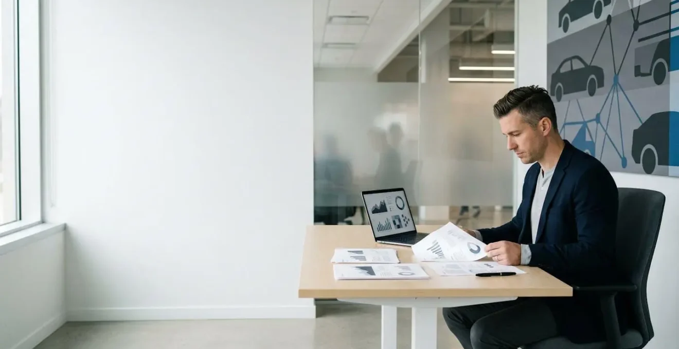 Gestionnaire de flotte automobile professionnel analysant des documents de consolidation d'assurance pour optimiser les coûts d'une PME