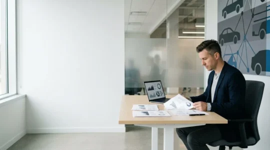 Gestionnaire de flotte automobile professionnel analysant des documents de consolidation d'assurance pour optimiser les coûts d'une PME