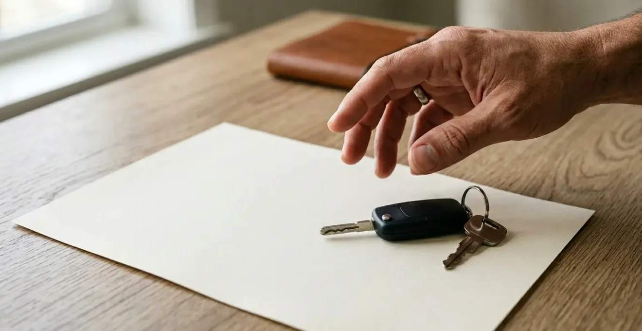 Scène symbolisant la régularisation d'un contrat d'assurance automobile avec documents et clés de véhicule