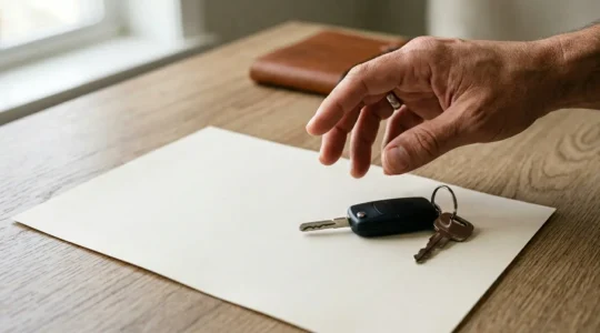 Scène symbolisant la régularisation d'un contrat d'assurance automobile avec documents et clés de véhicule