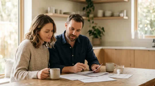 Couple discutant des finances familiales et de l'assurance automobile ensemble