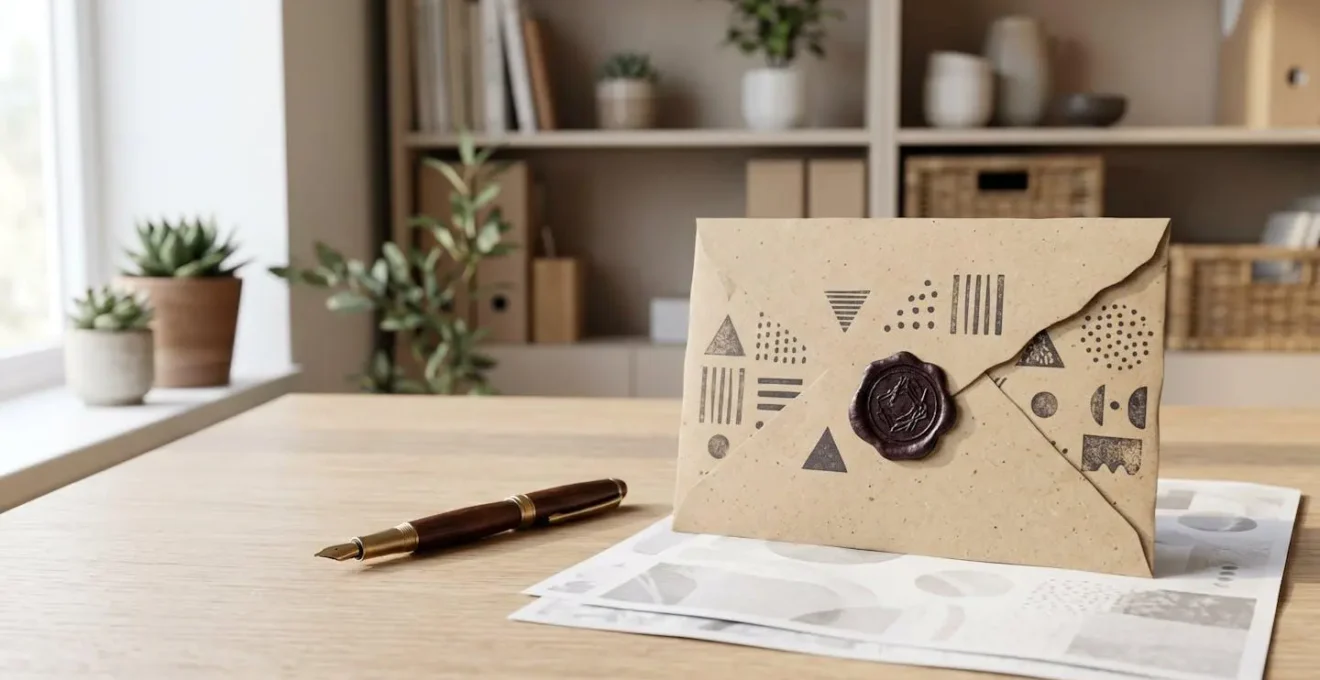 Bureau minimaliste avec enveloppe kraft et tampon officiel abstrait