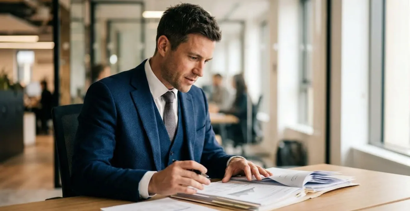 Professionnel expert analysant stratégiquement un dossier complexe dans un bureau moderne