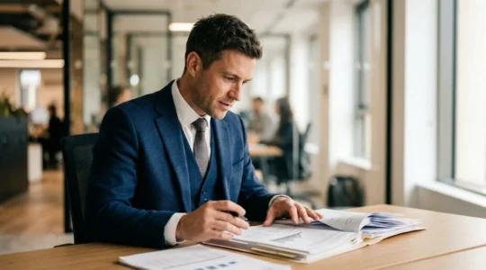 Professionnel expert analysant stratégiquement un dossier complexe dans un bureau moderne