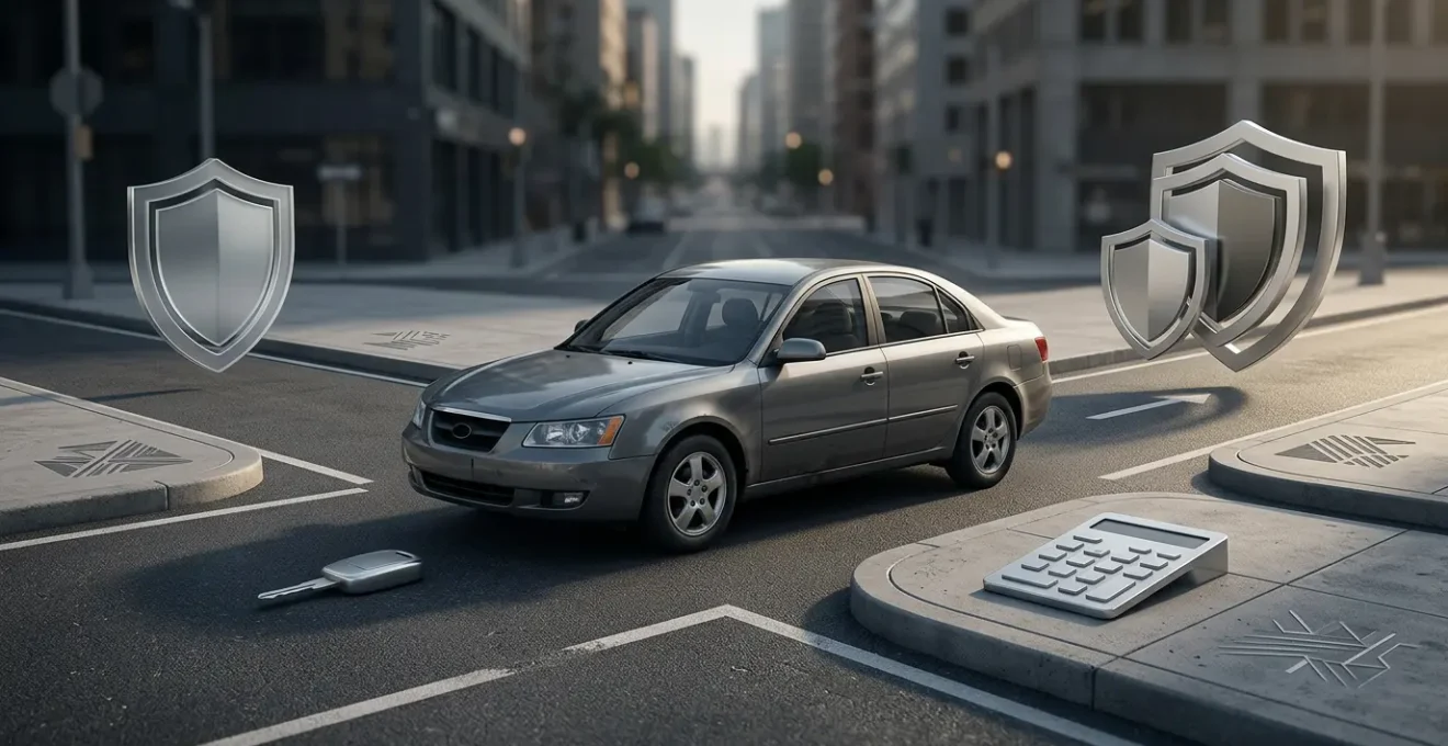 Vue artistique d'une voiture d'occasion avec des éléments symbolisant le choix d'assurance auto