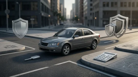 Vue artistique d'une voiture d'occasion avec des éléments symbolisant le choix d'assurance auto