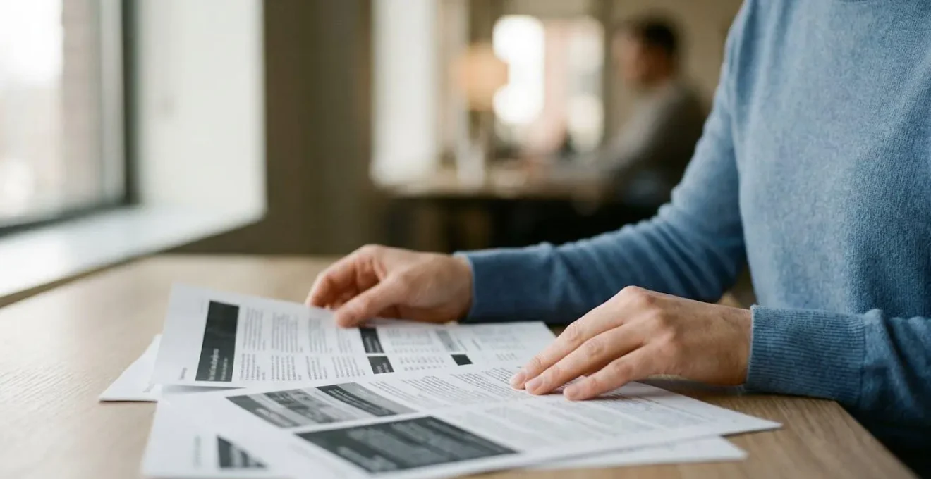 Professionnel de l'assurance analysant un dossier complexe dans un bureau moderne