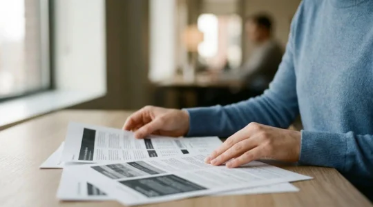 Professionnel de l'assurance analysant un dossier complexe dans un bureau moderne