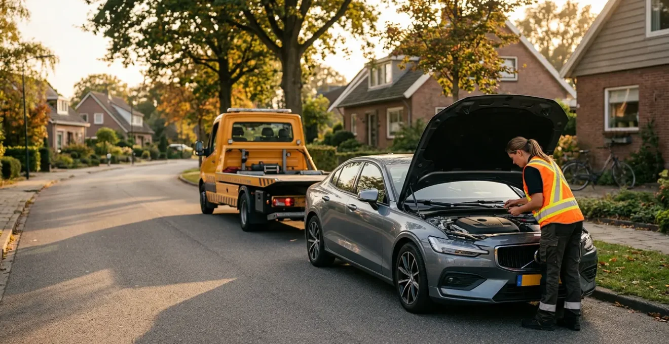 Un dépanneur intervenant sur une voiture en panne devant un domicile en milieu urbain