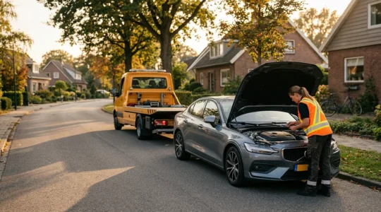 Un dépanneur intervenant sur une voiture en panne devant un domicile en milieu urbain
