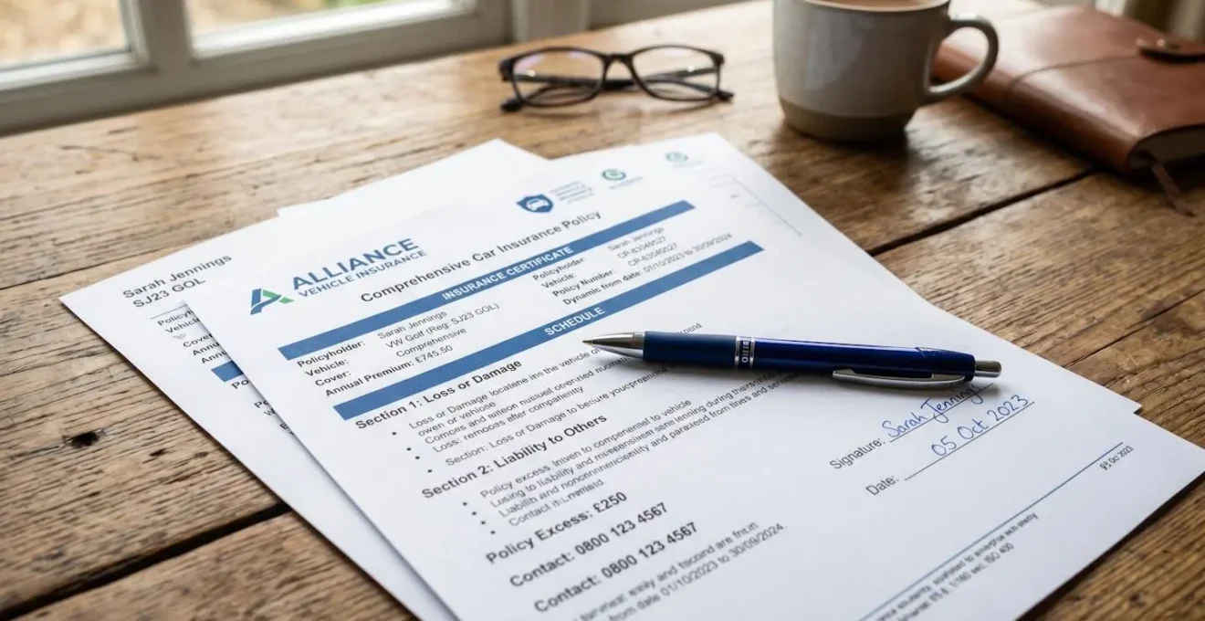 Gros plan sur des documents d'assurance automobile avec un stylo posé sur une table