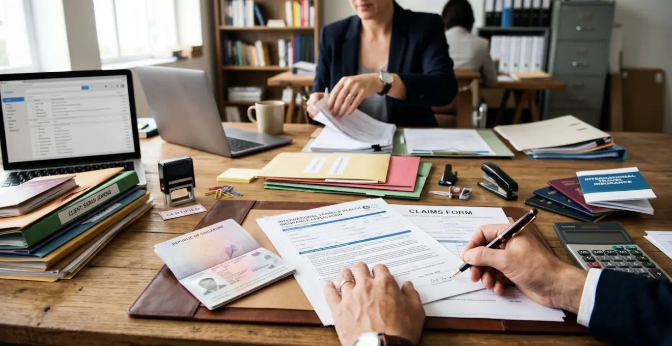 Préparation de documents d'assurance internationale sur une table de travail