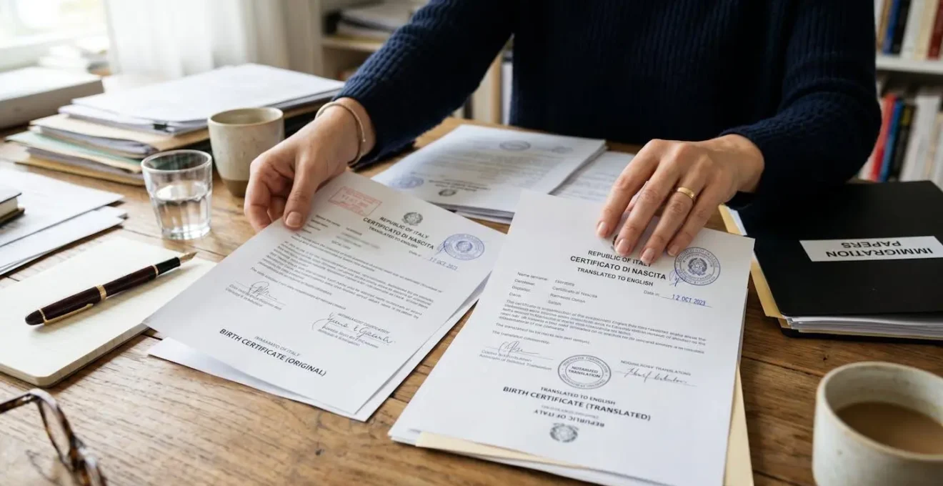 Gros plan sur des mains organisant des documents officiels traduits sur une table de travail