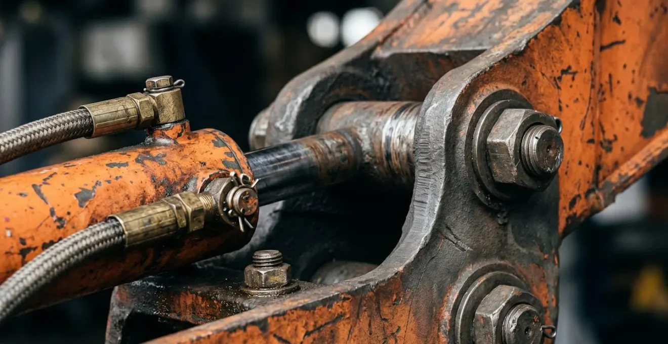 Vue macro d'un mécanisme de stabilisation révélant la transition entre fonction routière et fonction outil d'un engin professionnel