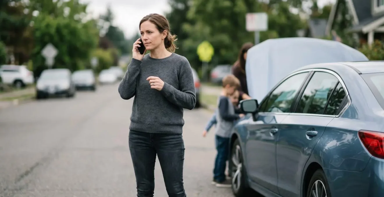 Une personne au téléphone près d'une voiture en panne avec sa famille attendant l'assistance