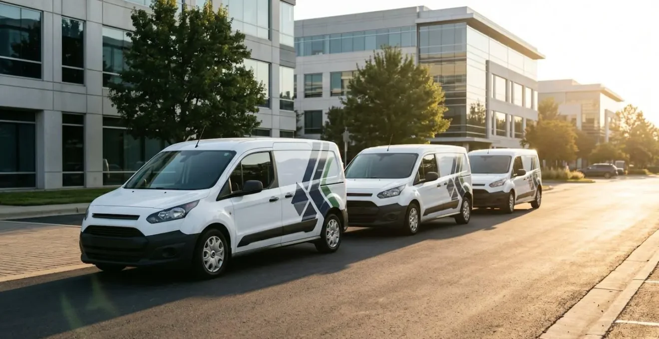 Trois camionnettes professionnelles alignées dans un parking d'entreprise
