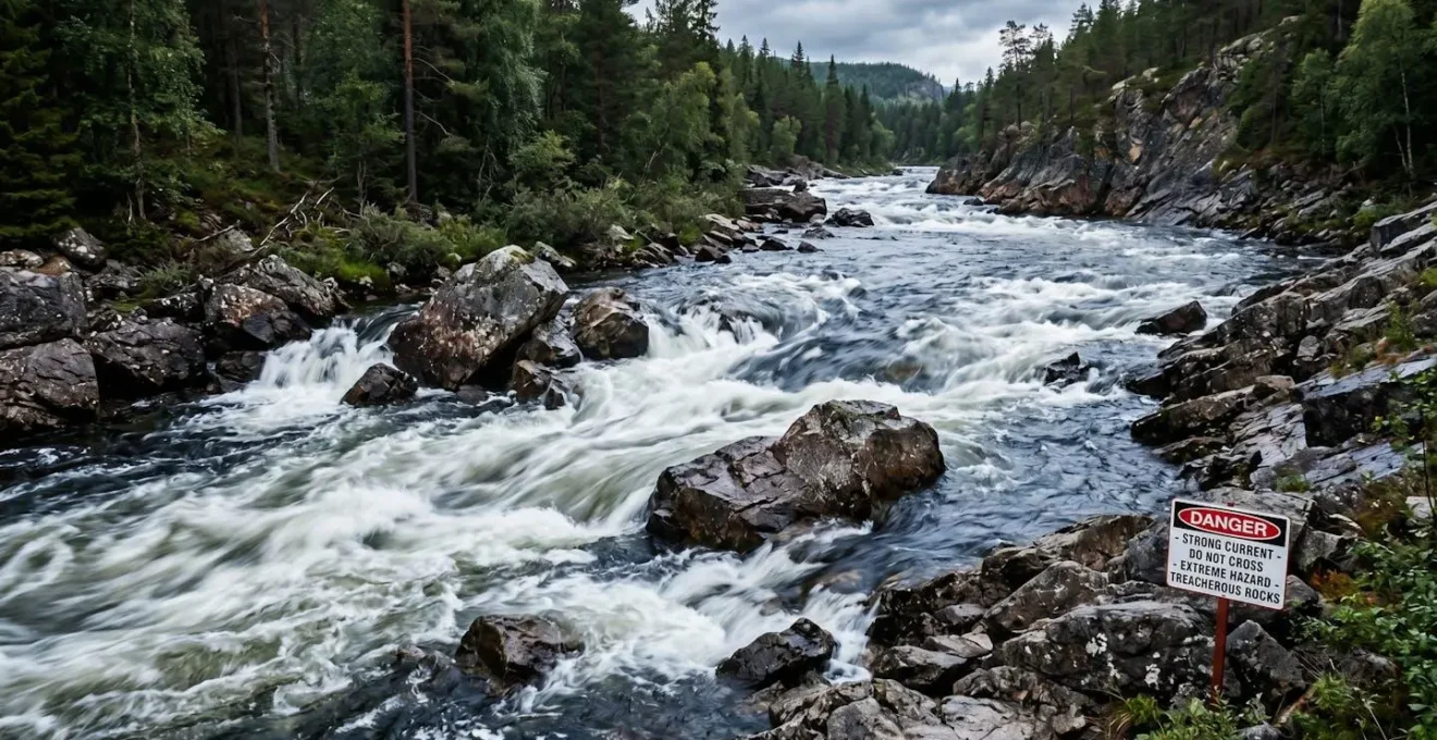 Cours d'eau en mouvement avec roches et courant visible montrant les dangers du franchissement