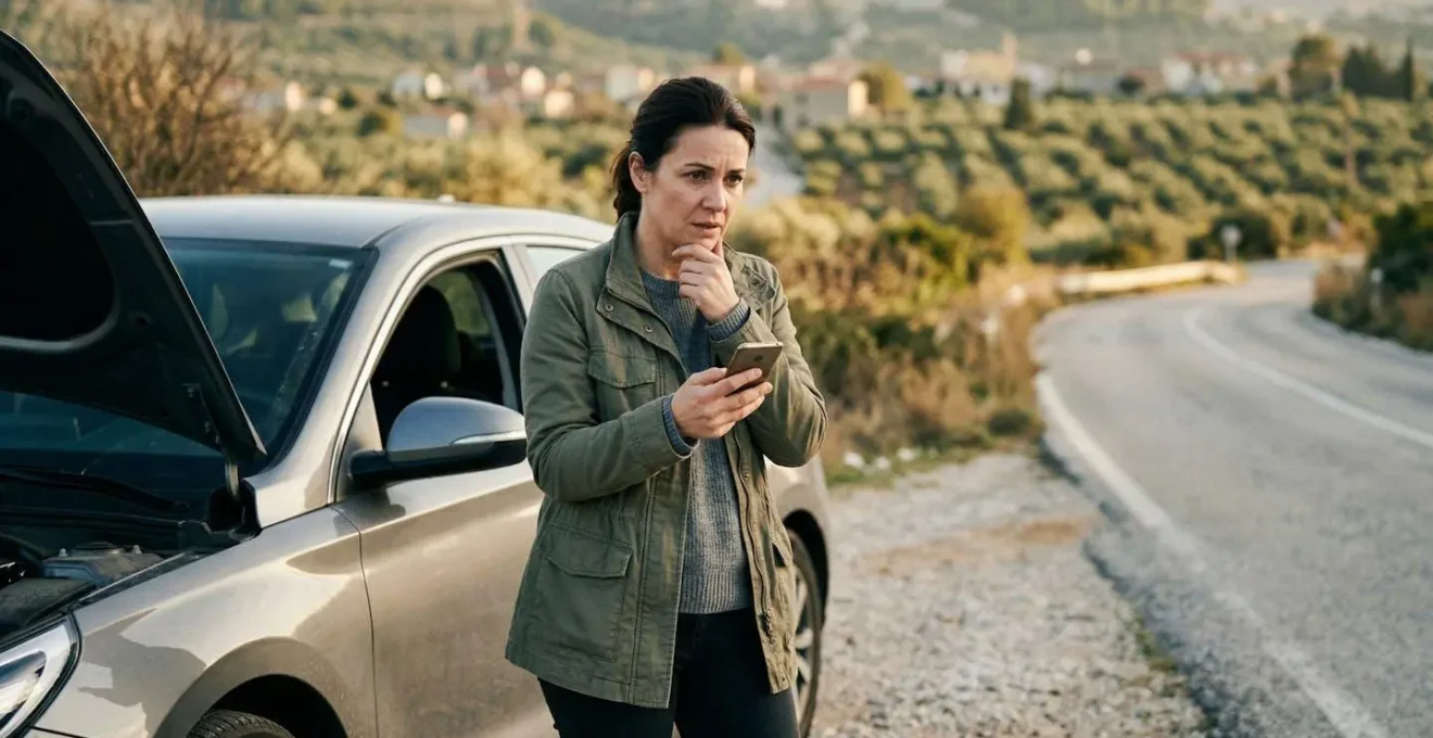 Voyageur face à un véhicule immobilisé lors d'un voyage international