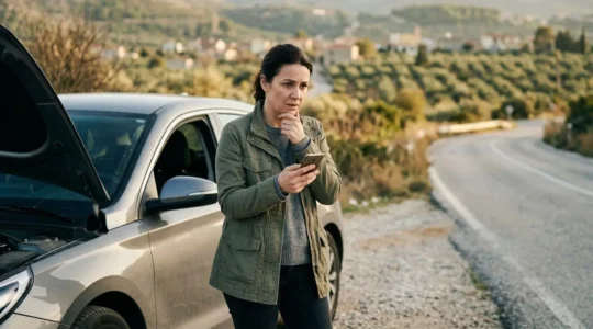 Voyageur face à un véhicule immobilisé lors d'un voyage international