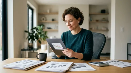 Personne comparant des devis d'assurance auto sur ordinateur avec graphiques de réduction