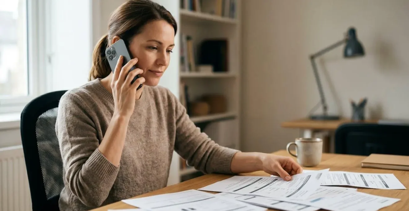 Personne au téléphone avec documents d'assurance automobile pour régulariser son contrat