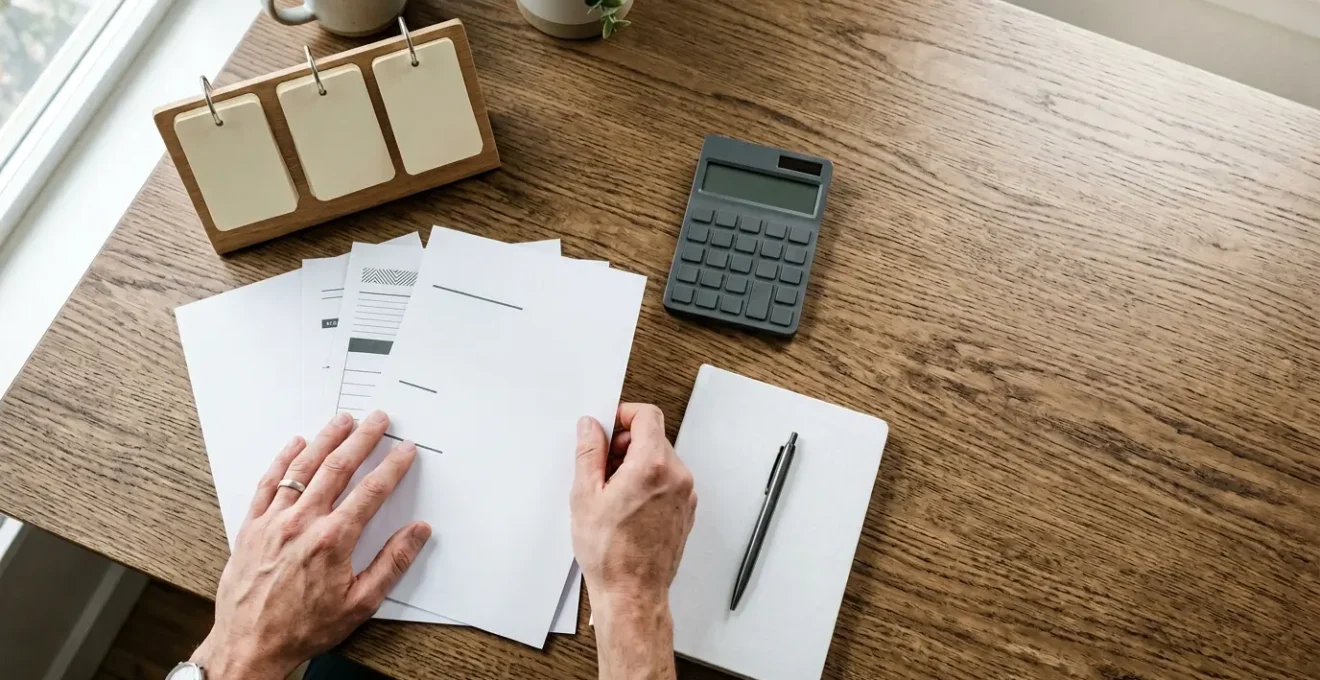 Vue en plongée d'une scène de planification financière avec des mains organisant des documents d'assurance et un calendrier sur un bureau épuré
